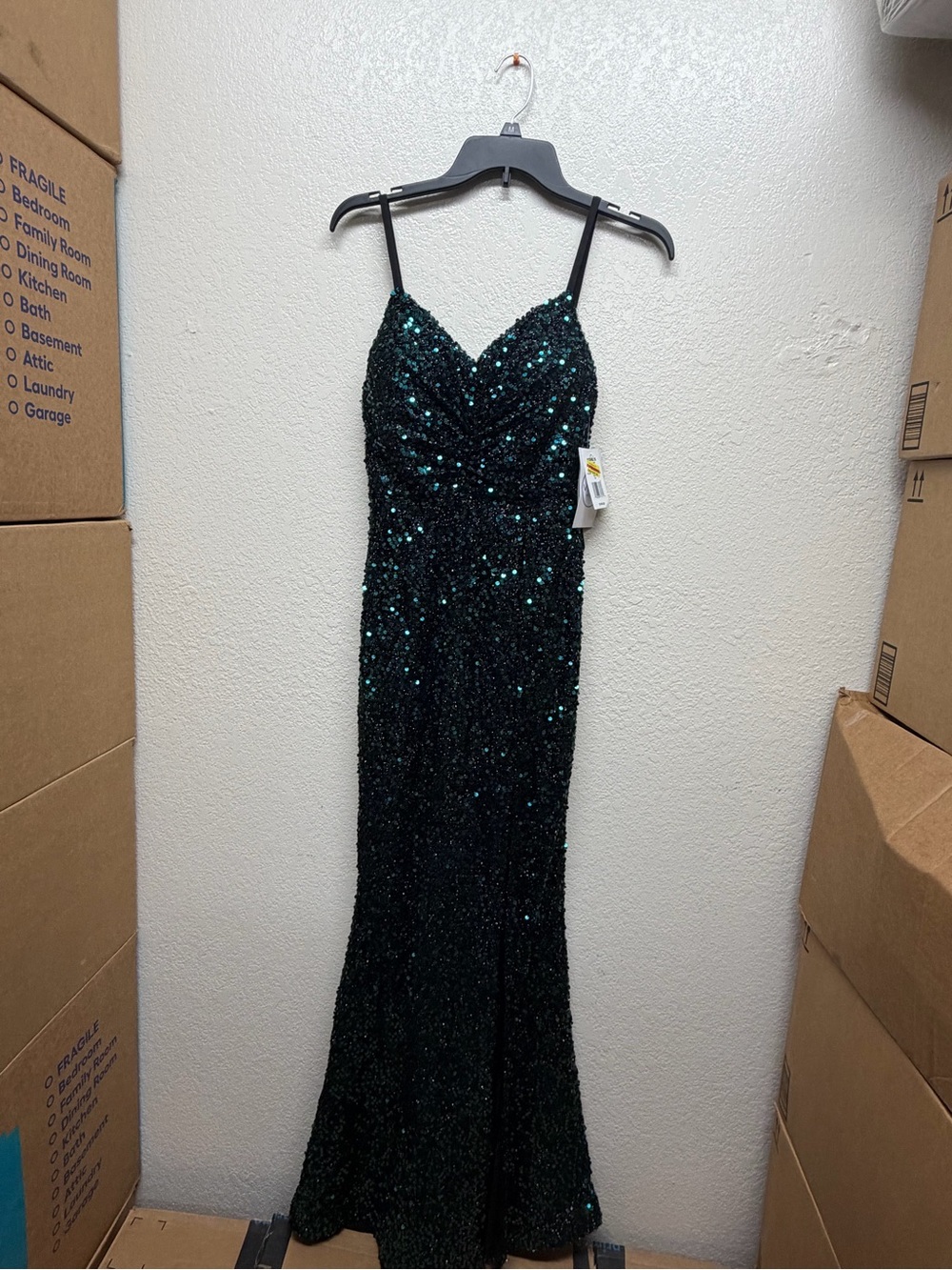 Kohl's Dark Emerald Sequin Spaghetti Strap Prom Dress